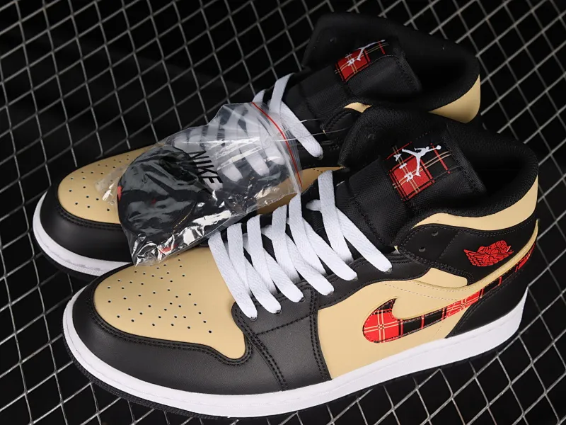 All categories Air Jordan Jordan series basketball shoes Air Jordan 1 Mid G version pure original Air Jordan 1 Mid "Tartan Swoosh" AJ1 Joe 1 plaid skirt black brown red Zhongbang basketball shoes DZ5329-001